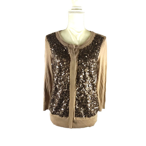 Talbots Women Sequins Snap Sweater Cardigan Long Sleeves Size L Color Tan - Picture 1 of 9
